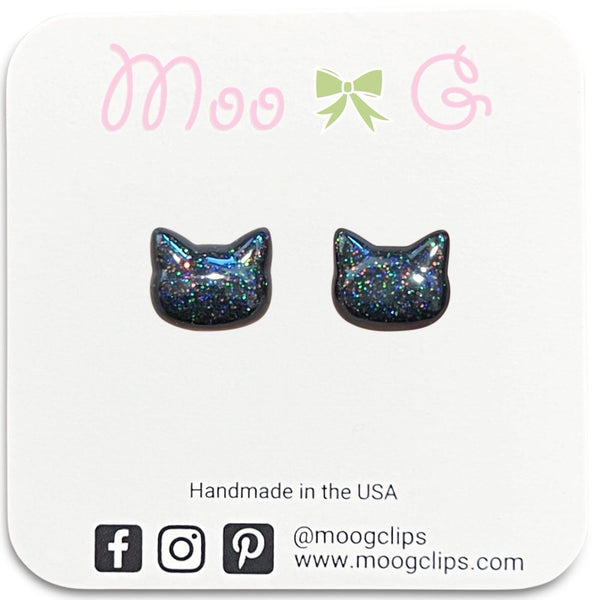 Iridescent Black Glitter Cat Round Head Resin Earrings-Clearance no slip hair clips-Flower No slip hair clips-Animal no slip hair clips-Star no slip hair clip-heart no slip hair clips-butterfly no slip hair clips-Moo G Clips