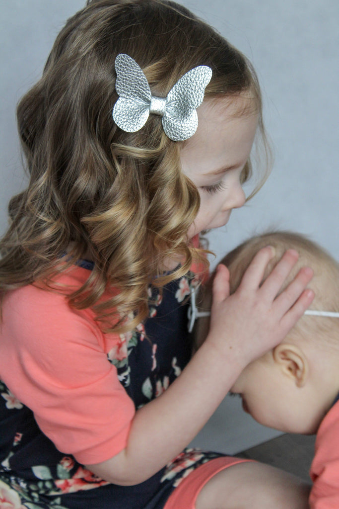 Leather Butterfly Hair Bows - Metallics-leather butterfly hair accessories - no slip clip - party hair bows - spring hair accessories - easter hair bows -Moo G Clips