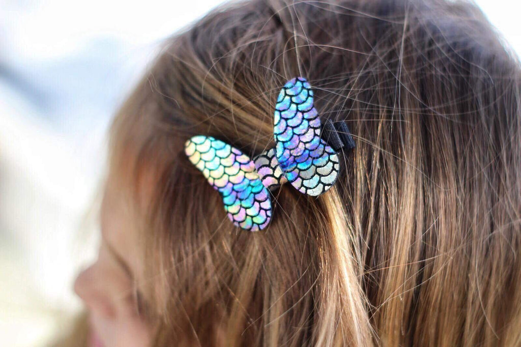 Leather Butterfly Hair Bows - Metallics-leather butterfly hair accessories - no slip clip - party hair bows - spring hair accessories - easter hair bows -Moo G Clips