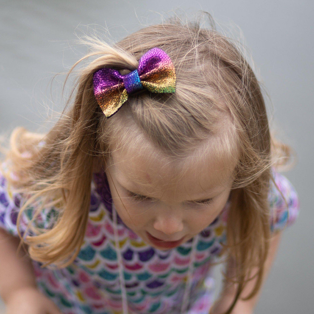 Bright Metallic Speckle Leather Hair Bows-no slip leather hair bows no slip leather hair clips-Moo G Clips