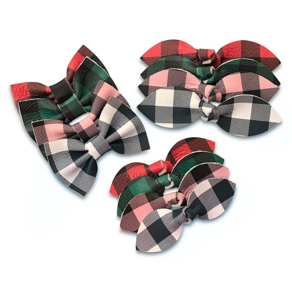 Buffalo Plaid Leather Hair Bows-no slip leather hair bows no slip leather hair clips-Moo G Clips