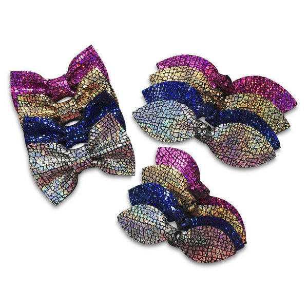 Cracked Iridescent Mirror Leather Hair Bows-no slip leather hair bows no slip leather hair clips-Moo G Clips